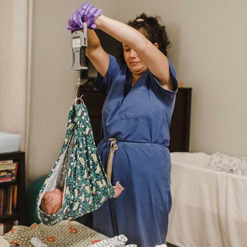 marielle tomlin cnm weighs a newborn baby at a home birth
